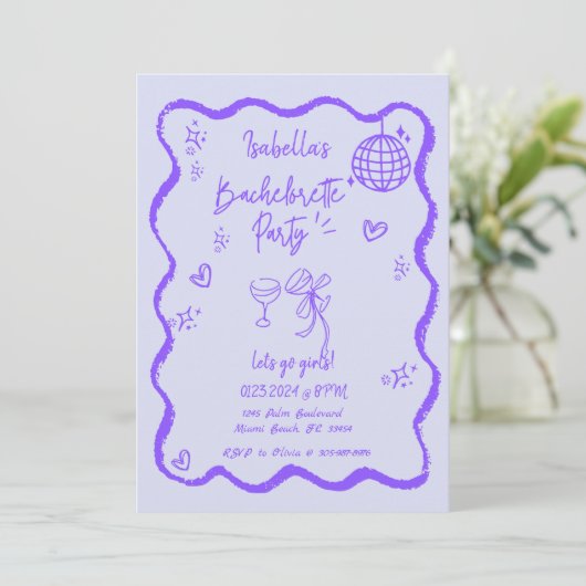 Trendy Quirky Wavy Hand Drawing Junggeselinnen-Abs Einladung (Stehend Vorderseite)