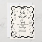 Trendy Quirky Wavy Hand Drawn Bow Baby Dusche Einladung (Vorderseite)
