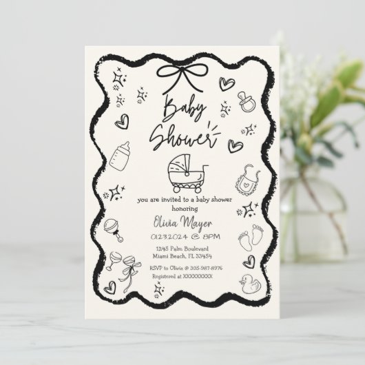 Trendy Quirky Wavy Hand Drawn Bow Baby Dusche Einladung (Stehend Vorderseite)