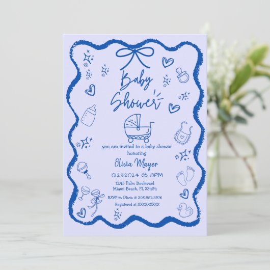 Trendy Quirky Wavy Hand Drawn Bow Baby Dusche Einladung (Stehend Vorderseite)