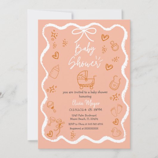 Trendy Quirky Wavy Hand Drawn Bow Baby Dusche Einladung (Vorderseite)