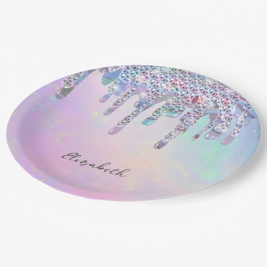 Trendy Rainbow Glitter Drips Holographic Pappteller (Schrägansicht)