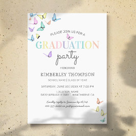 Trendy Rainbow Pastel Butterfly Graduation Party Einladung