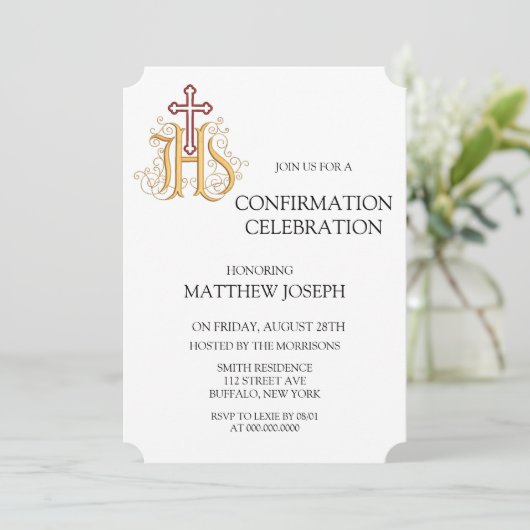 Trendy Red and Gold Blüh Confirmation Einladung (Stehend Vorderseite)