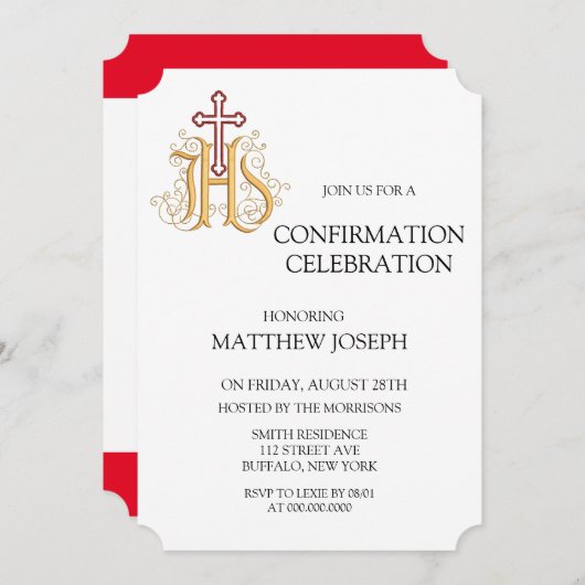 Trendy Red and Gold Blüh Confirmation Einladung (Vorne/Hinten)