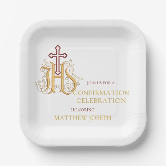 Trendy Red and Gold Blüh Confirmation Pappteller (Vorderseite)