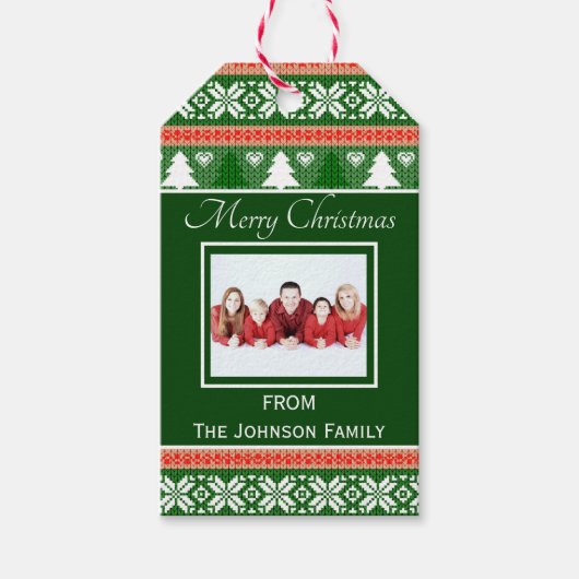 Trendy Red and Green Ugly Christmas Sweater Foto Geschenkanhänger (Vorderseite)
