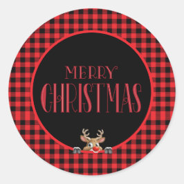 Trendy Red Black Buffalo Karo mit Rentier Runder Aufkleber