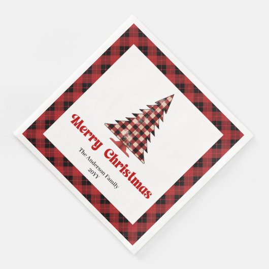Trendy Red Black Plaid Tree Napkin Custom Name Serviette (Ecke)