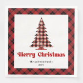 Trendy Red Black Plaid Tree Napkin Custom Name Serviette (Vorderseite)