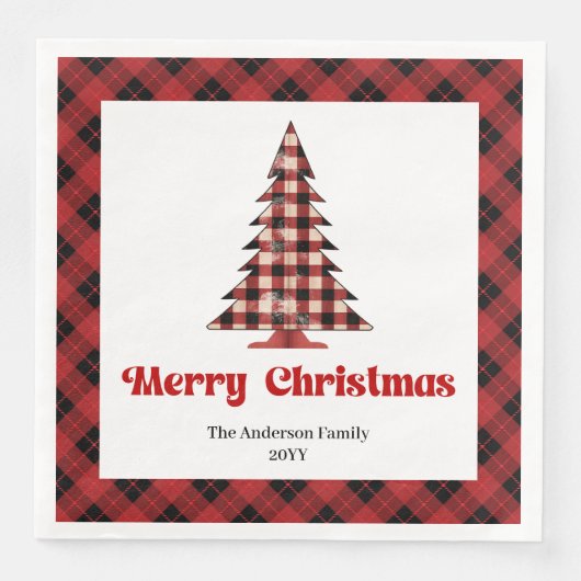 Trendy Red Black Plaid Tree Napkin Custom Name Serviette (Vorderseite)
