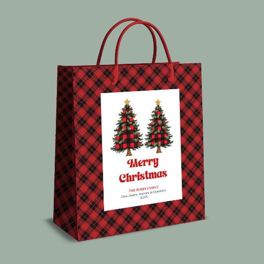 Trendy red black tartan Christmas bag editable Mittlere Geschenktüte