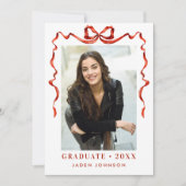 Trendy Red Bow Ribbon 2 FOTO Graduation Party Einladung (Vorderseite)