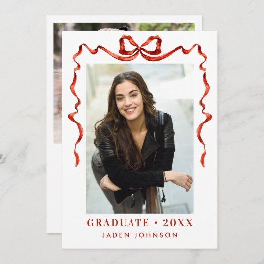 Trendy Red Bow Ribbon 2 FOTO Graduation Party Einladung (Vorne/Hinten)