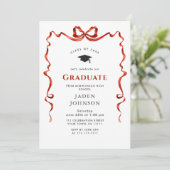 Trendy Red Bow Ribbon 4 FOTO Graduation Party Einladung (Stehend Vorderseite)