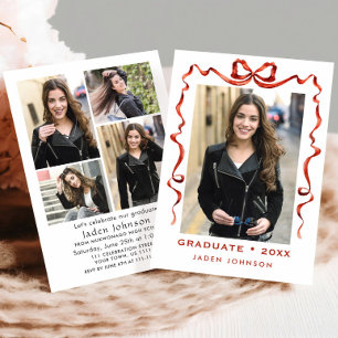 Trendy Red Bow Ribbon 5 FOTO Graduation Party Einladung