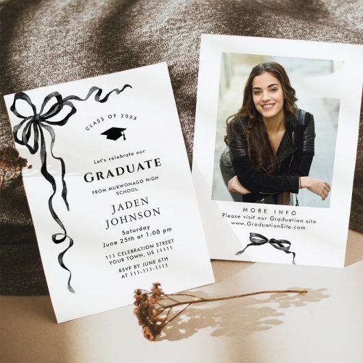 Trendy Red Bow Ribbon FOTO Graduation Party Einladung