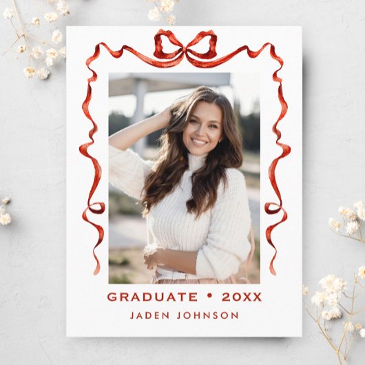 Trendy Red Bow Ribbon FOTO Graduation Party Postkarte
