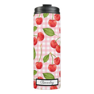 Trendy Red Cherry Pattern Gingham Hintergrund Thermosbecher