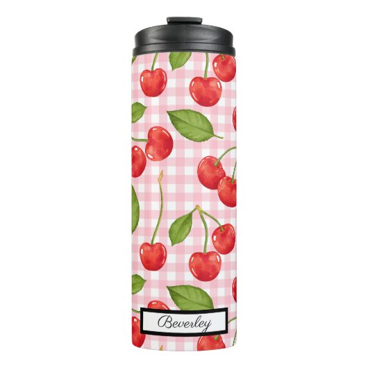 Trendy Red Cherry Pattern Gingham Hintergrund Thermosbecher (Vorderseite)