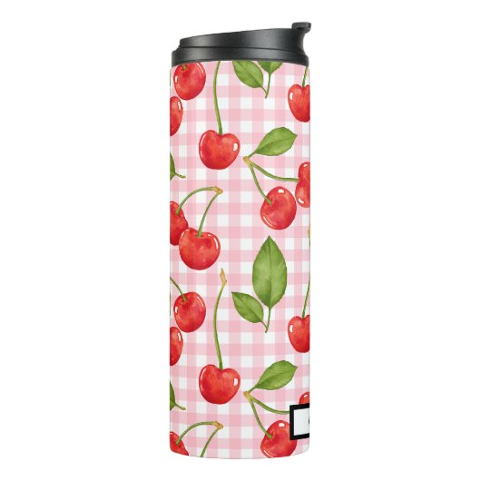 Trendy Red Cherry Pattern Gingham Hintergrund Thermosbecher (Nach links gedreht)