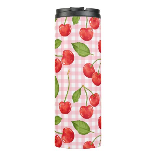 Trendy Red Cherry Pattern Gingham Hintergrund Thermosbecher (Rückseite)