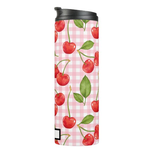 Trendy Red Cherry Pattern Gingham Hintergrund Thermosbecher (Nach rechts gedreht)