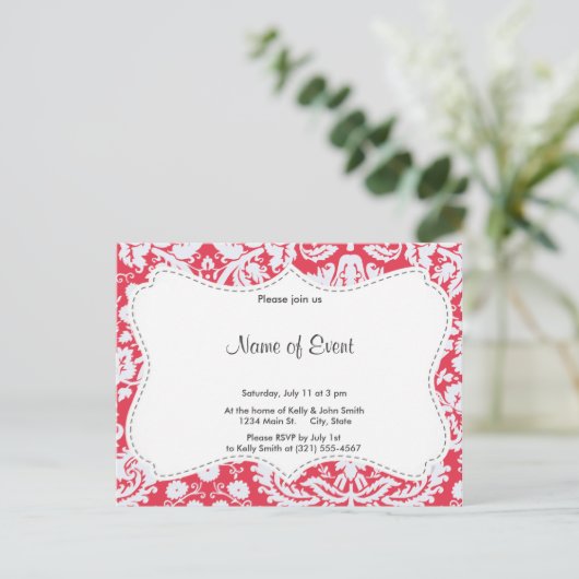 Trendy Red Damask Pattern Einladungspostkarte (Stehend Vorderseite)