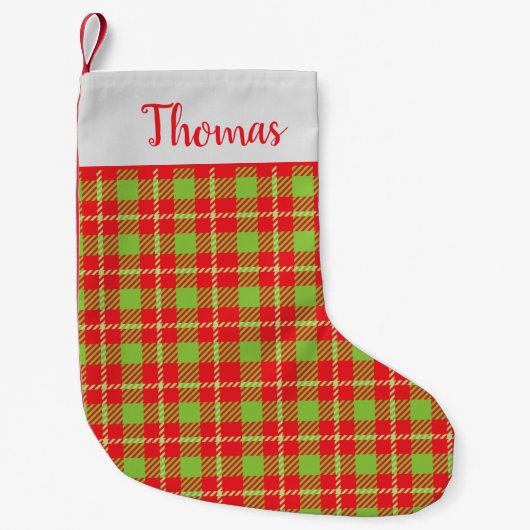 Trendy Red Green Festive Pattern Rustikaler Tartan Kleiner Weihnachtsstrumpf (Vorderseite)