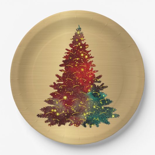 Trendy Red Green Watercolor Tree Gold Weihnachten Pappteller (Vorderseite)
