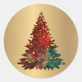 Trendy Red Green Watercolor Tree Gold Weihnachten Runder Aufkleber