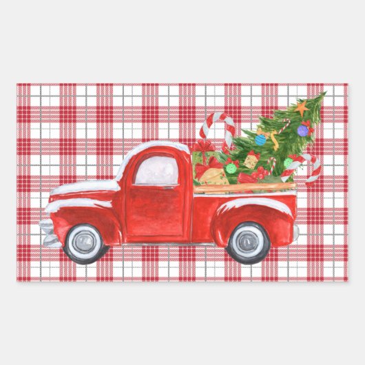 Trendy Red Kariert Vintage Weihnachtsfeiertag Rechteckiger Aufkleber (Vorderseite)