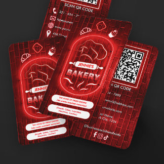 Trendy Red Neon Pink Bakery Custom Logo QR Code   Visitenkarte
