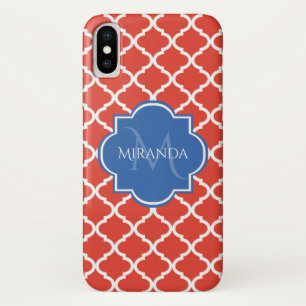 Trendy Red Quatrefolie Blue Monogram und Name iPhone X Hülle