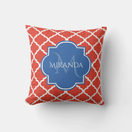 Trendy Red Quatrefolie Blue Monogram und Name Kissen