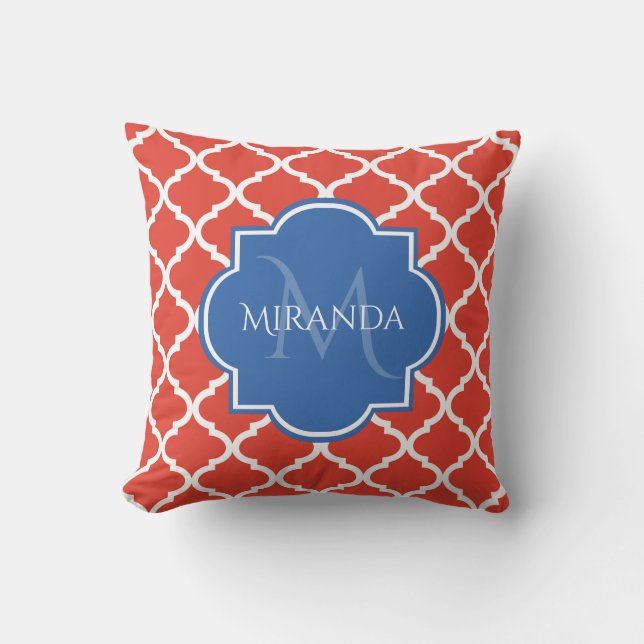 Trendy Red Quatrefolie Blue Monogram und Name Kissen (Vorderseite)
