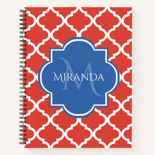 Trendy Red Quatrefolie Blue Monogram und Name Notizbuch (Vorderseite)