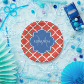 Trendy Red Quatrefolie Blue Monogram und Name Pappteller (Party)