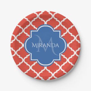 Trendy Red Quatrefolie Blue Monogram und Name Pappteller