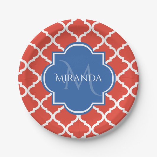 Trendy Red Quatrefolie Blue Monogram und Name Pappteller (Vorderseite)