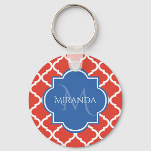 Trendy Red Quatrefolie Blue Monogram und Name Schlüsselanhänger