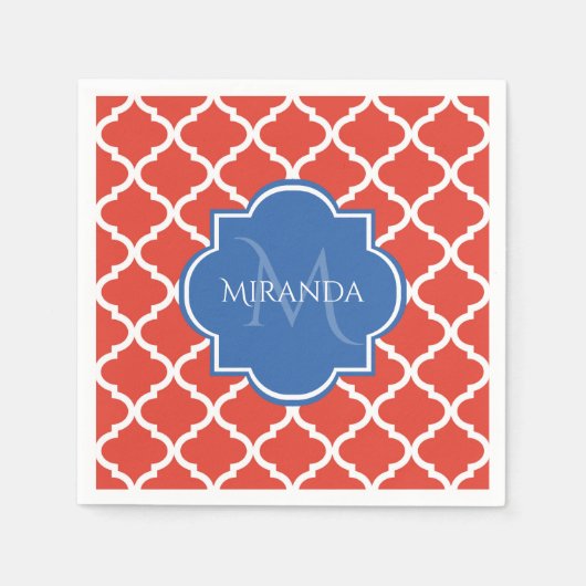Trendy Red Quatrefolie Blue Monogram und Name Serviette (Vorderseite)