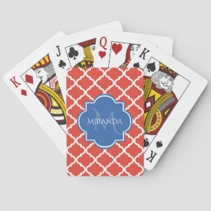 Trendy Red Quatrefolie Blue Monogram und Name Spielkarten