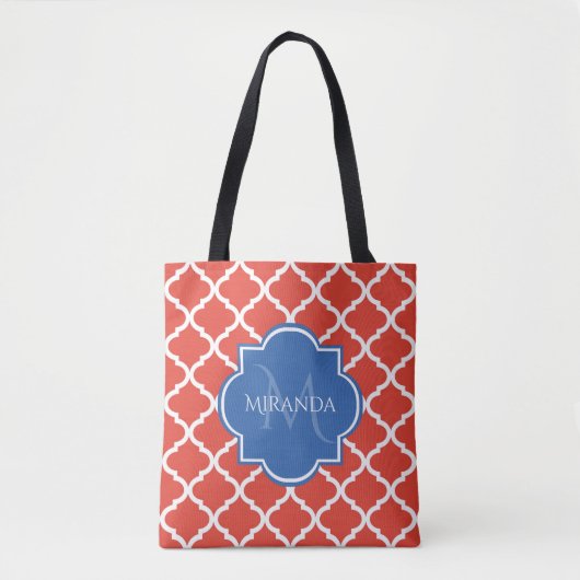 Trendy Red Quatrefolie Blue Monogram und Name Tasche (Vorderseite)
