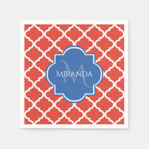 Trendy Red Quatrefolie Blue Monogramm und Name Serviette