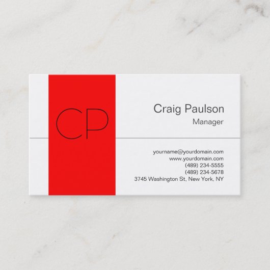 Trendy Red Strip White Monogram Business Card Visitenkarte (Vorderseite)