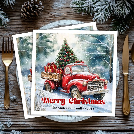 Trendy red truck Christmas scene rustic table Serviette
