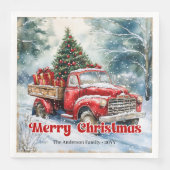 Trendy red truck Christmas scene rustic table Serviette (Vorderseite)