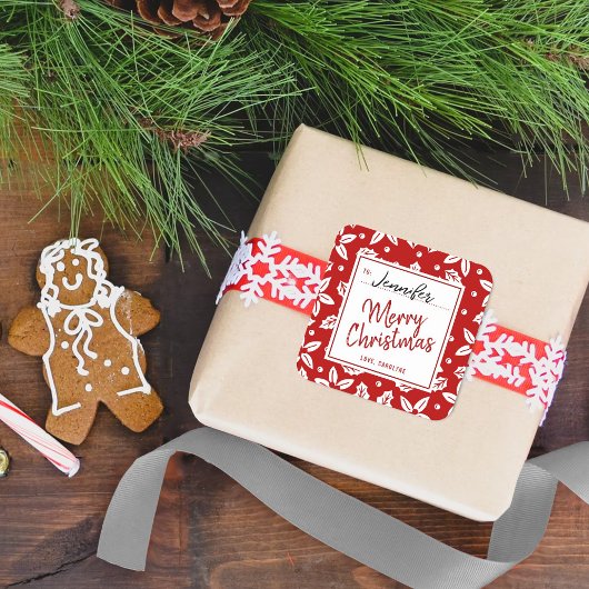 Trendy Red & White Festival Weihnachtsgeschenk-Lab Quadratischer Aufkleber