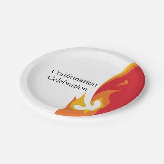 Trendy Red Yellow Fire and Dove Confirmation Pappteller (Schrägansicht)